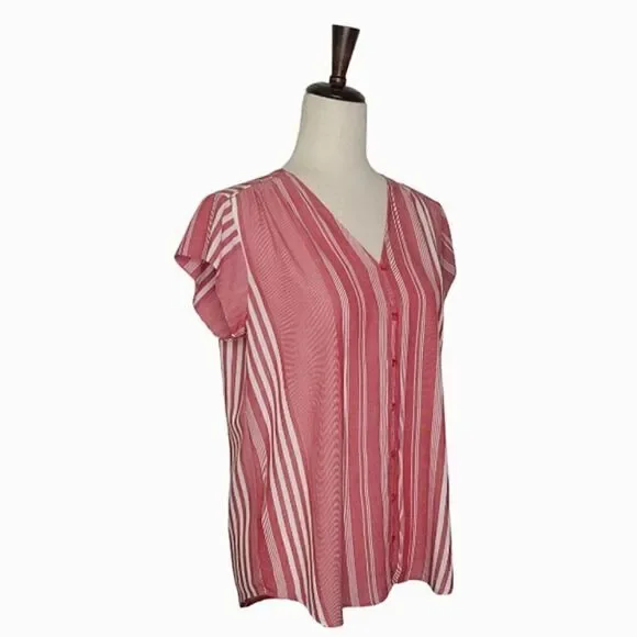 Liz Claiborne Red & White Striped V-neck Cap Sleeve Button Down Blouse Size S - Picture 3 of 8